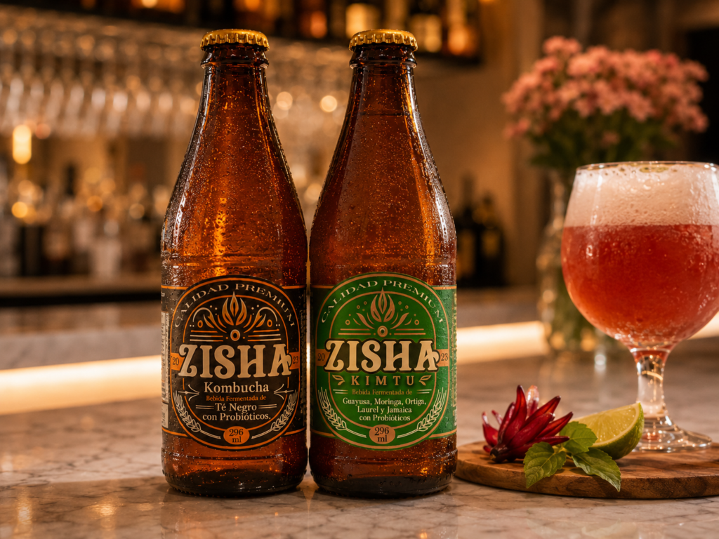 Zisha Kombucha y Zisha Kimtu presentadas juntas en un ambiente de bar.