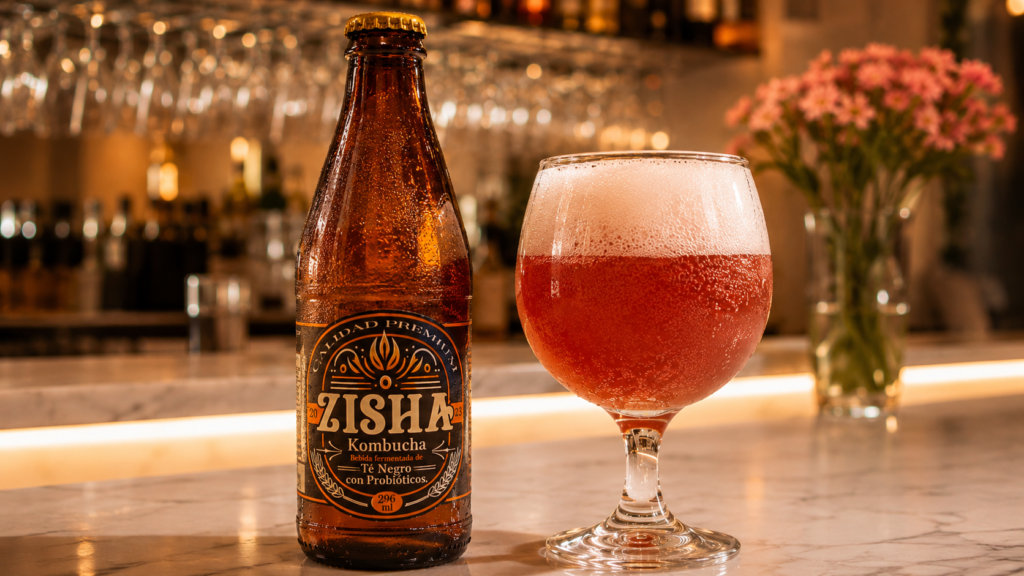 Botella de Zisha Kombucha junto a una copa de bebida servida.
